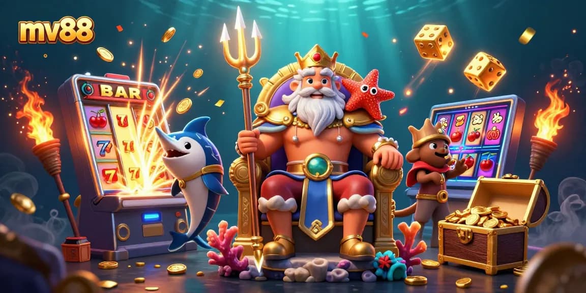 Experience thrilling wins at mv88 with a dynamic scene of Neptune, jackpots, and casino excitement.