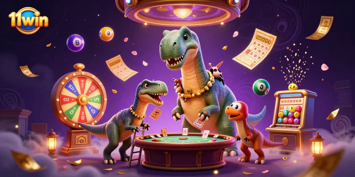 Engage in exciting games at 11win as a brontosaurus oversees unique card-dealing fun.
