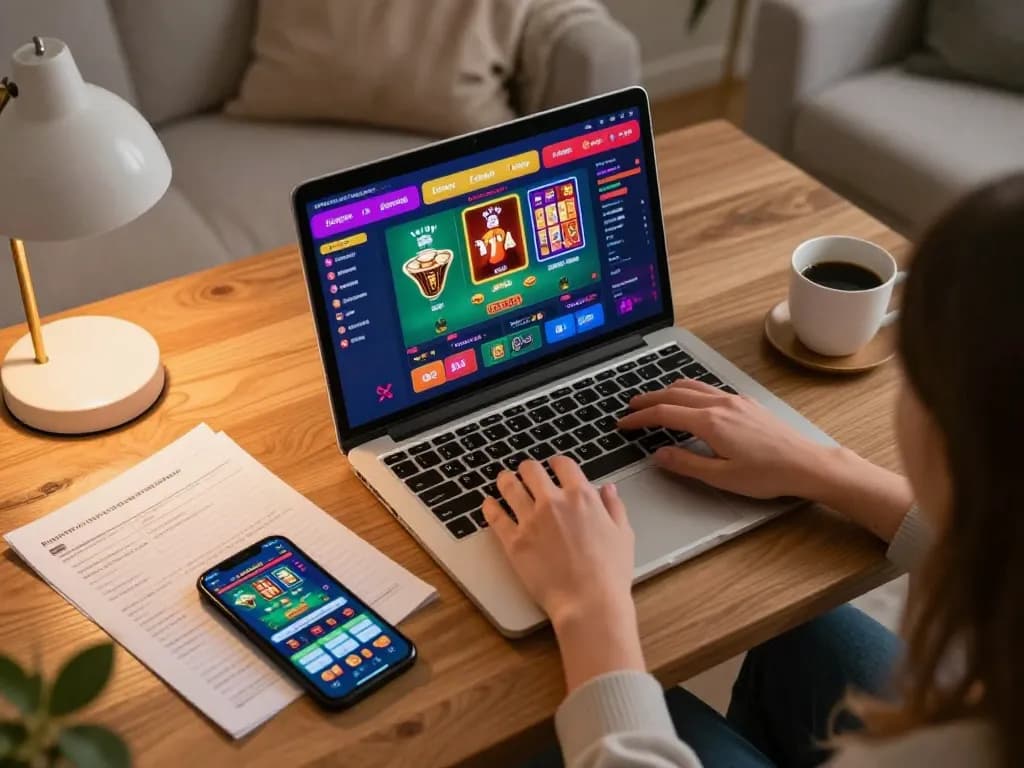 Engaging in Lc 88 online casino gaming with laptop setup, notes, and smartphone.