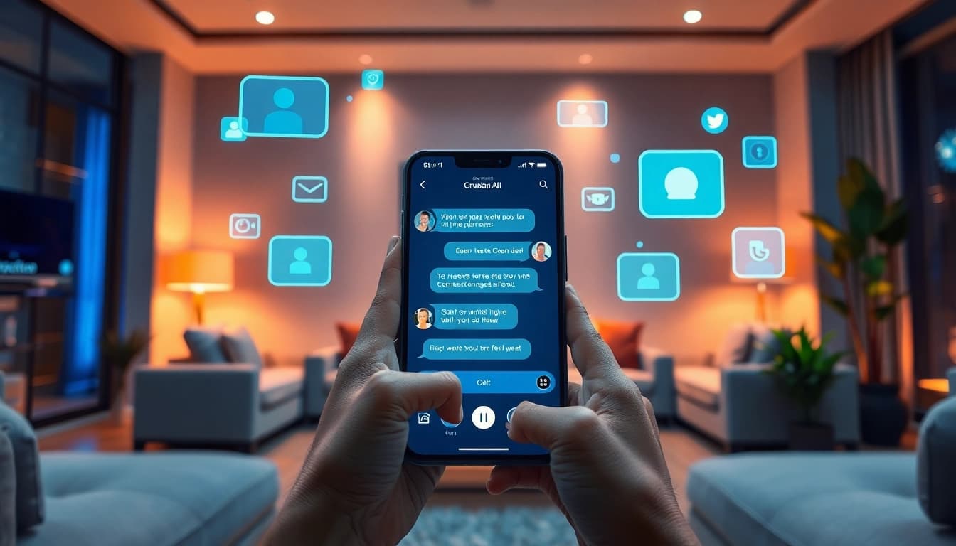 Crushon AI interactive digital chat interface in a cozy living room setting