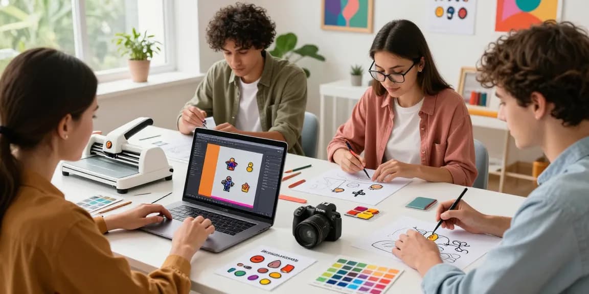 Creative team designing custom acrylic pins in a bright workspace.