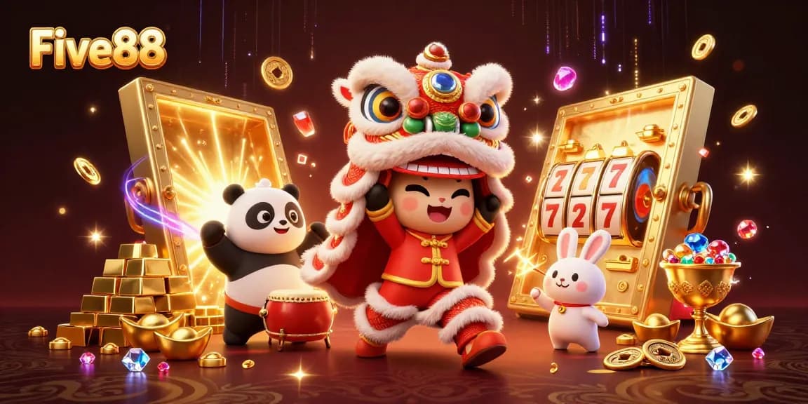 Engage in Five88 slots with vibrant characters celebrating victory, showcasing rich gaming elements amidst golden treasures.