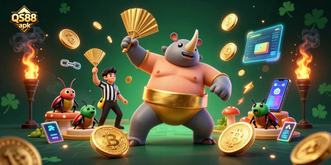 Engage with the QS88 apk as the golden beetle champion stomps, showering coins in a vibrant digital casino.