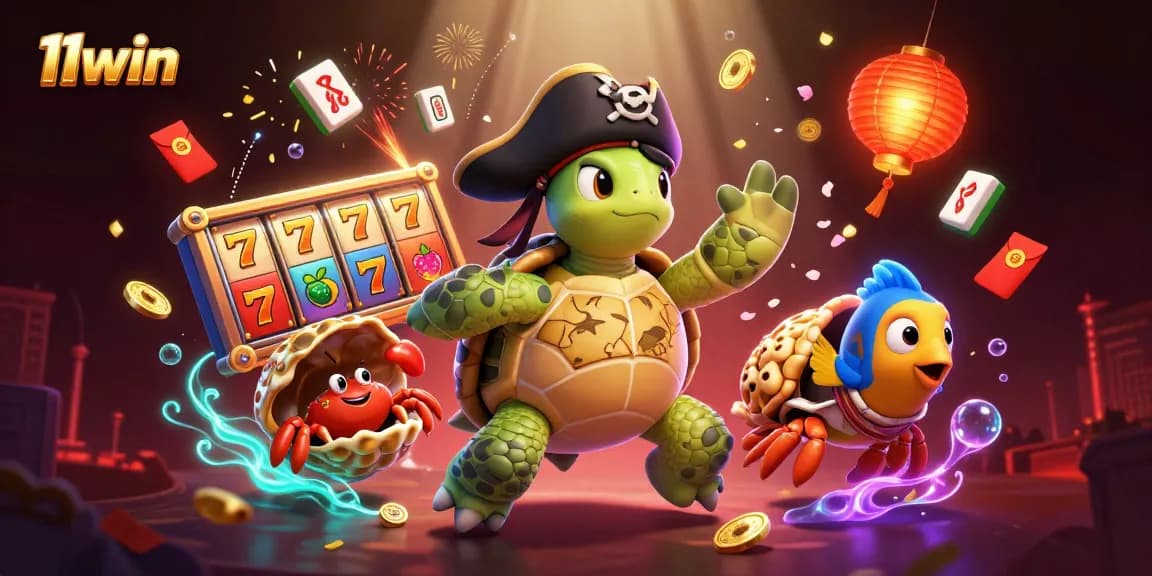 Experience thrilling wins at 11win with cartoon characters amidst vibrant casino elements.