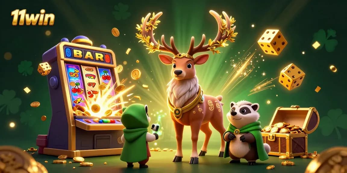 Experience the excitement of 11win with this vibrant 3D casino illustration featuring iconic symbols and characters.