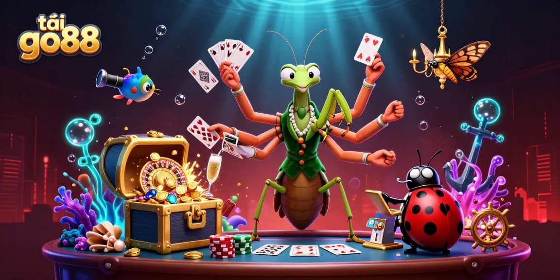 Experience thrilling gameplay with tải go88 as a vibrant mantis and charming ladybug oversee an energetic casino scene.