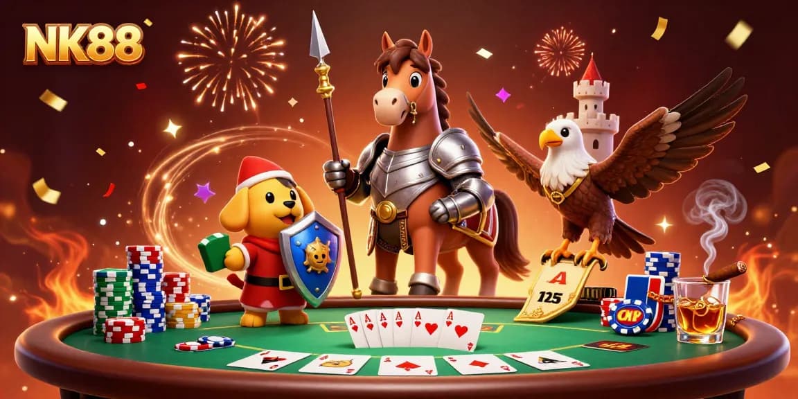 Experience the thrill of NK88 with a knight and squire at a lively poker table, capturing the excitement of betting.