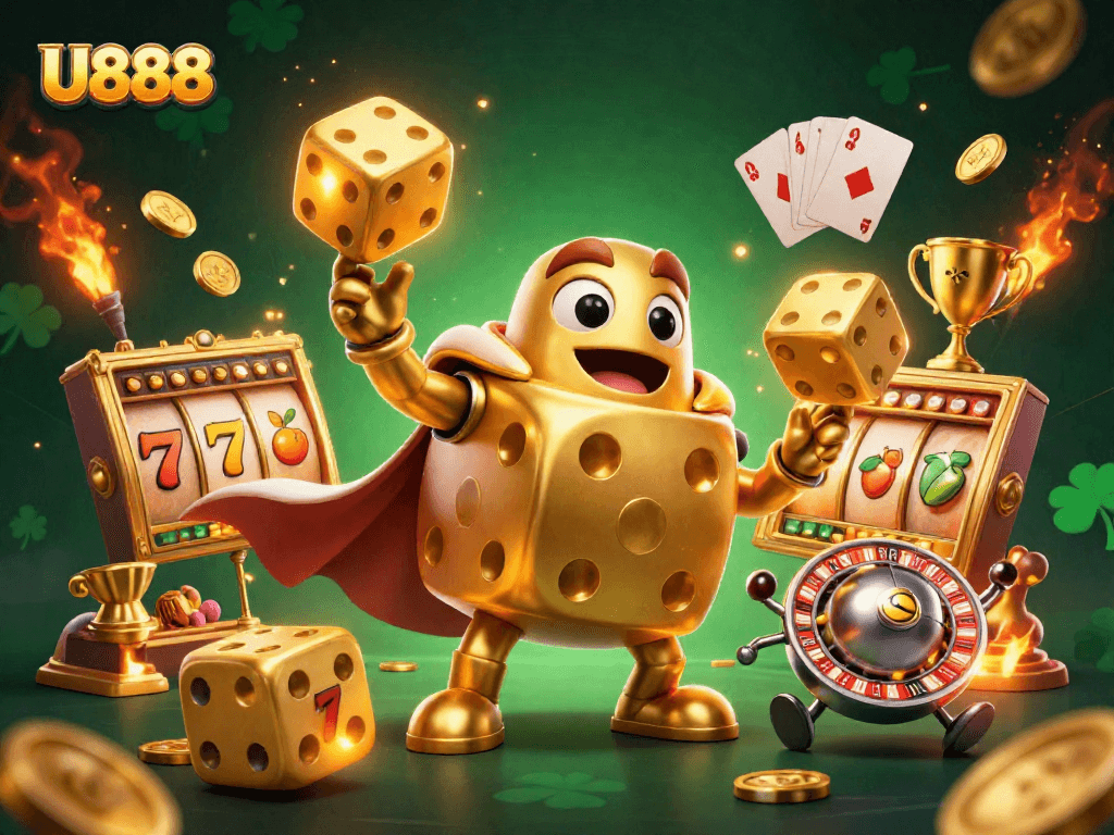U888 casino illustration showcasing golden dice, jackpot elements, and dynamic action.