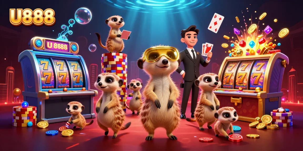 Experience U888's thrilling casino adventure with playful meerkats and vibrant slot machines.
