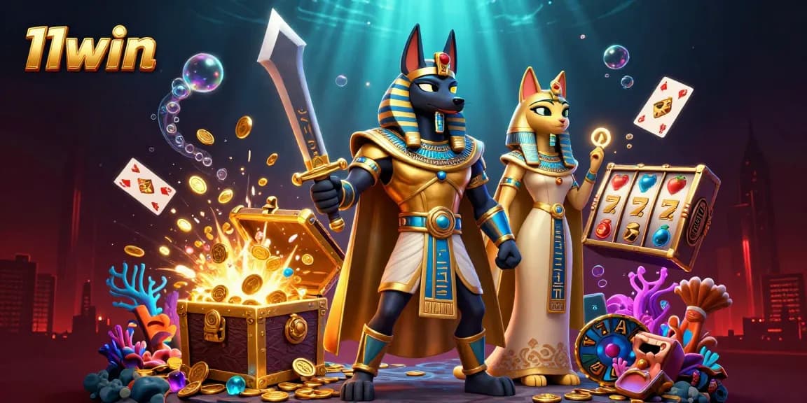 Experience exciting gameplay at 11win with Anubis and Bastet amid vibrant casino treasures.