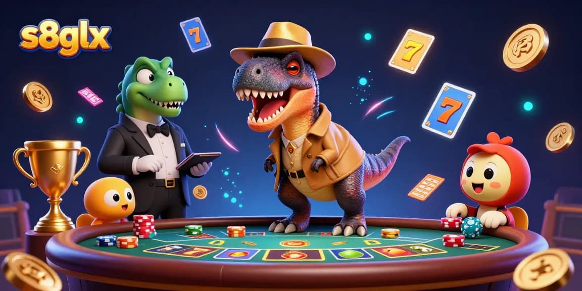 S8glx brings thrilling moments with cartoon dinosaurs at a blackjack table surrounded by dynamic casino elements.