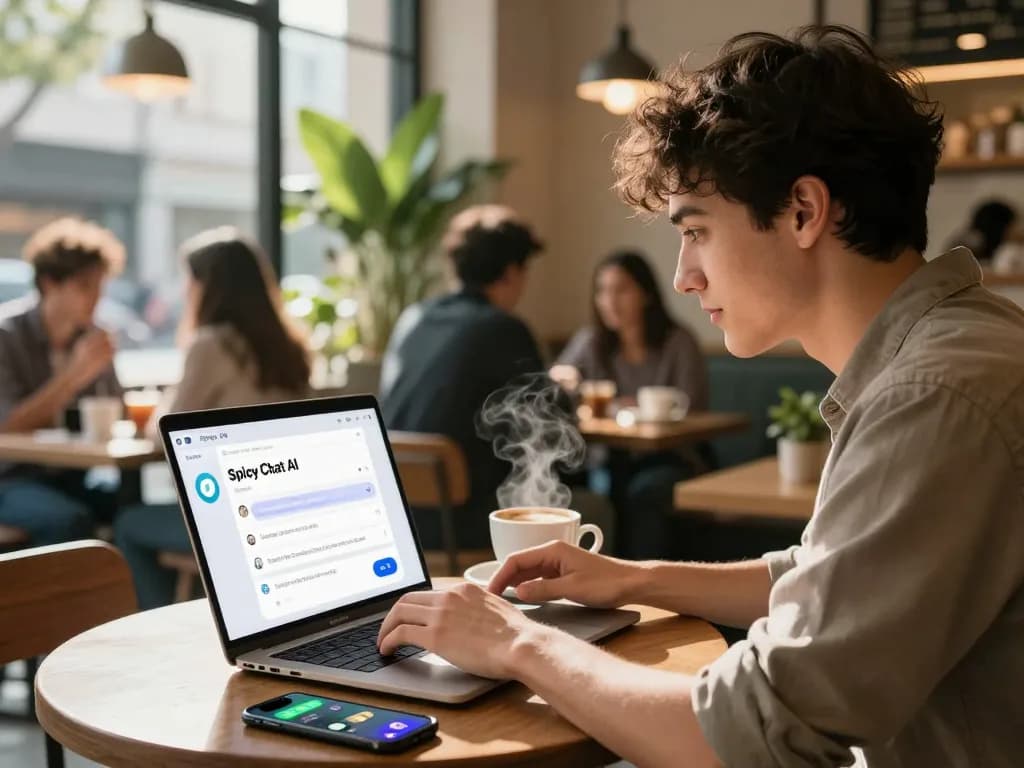 User engaged with Spicy Chat AI chatbot in a lively coffee shop, showcasing vibrant digital interaction.