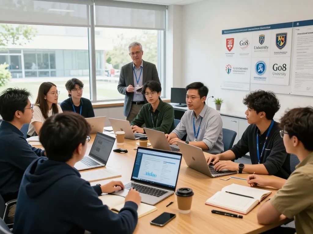 Students and professors discussing Go8 university research and innovation in an inspiring academic setting.
