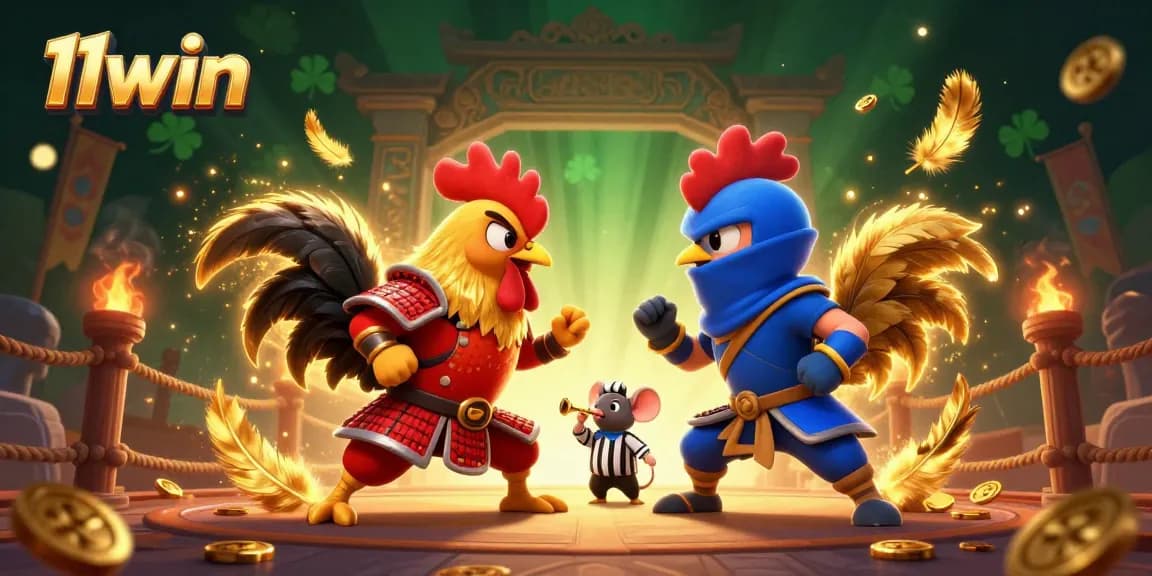Engage in thrilling battles with 11win's fighting roosters in a vibrant casino arena.