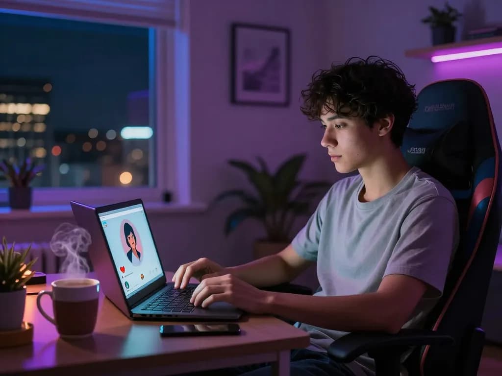 Engaging AI chat porn scene with a user interacting with a digital character in a cozy room.