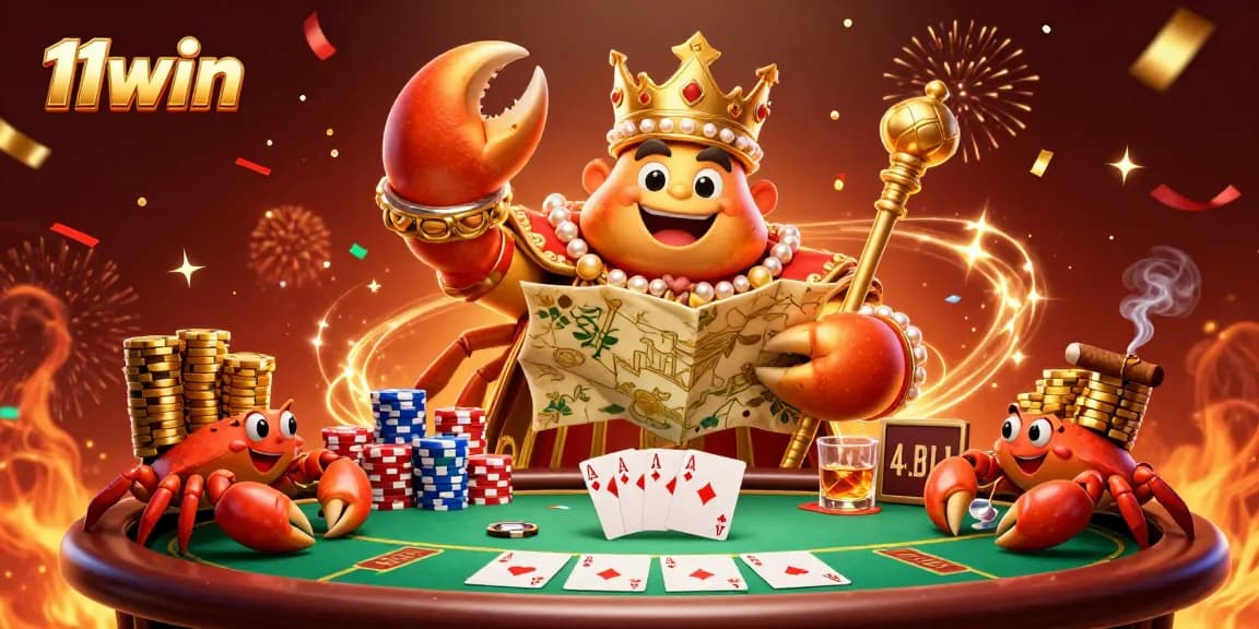 Experience the thrill of gaming with 11win, featuring a golden crab emperor at a vibrant poker table.