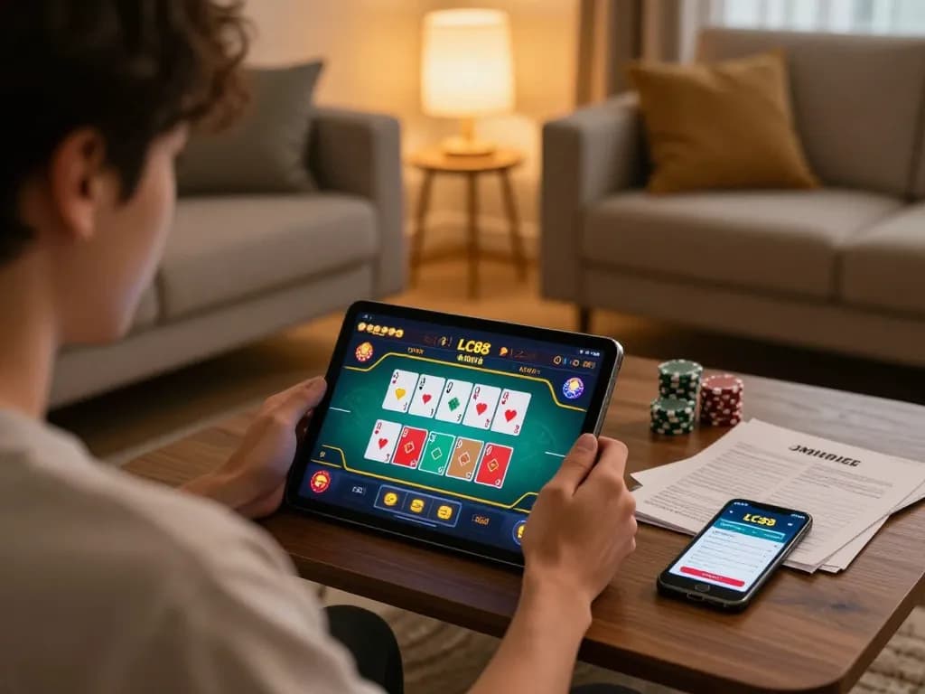 Player using LC88 app on tablet for online poker strategy with notes and coffee.