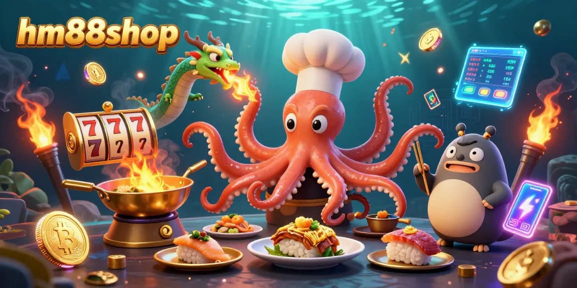 Join the thrilling experience at hm88shop with a cartoon octopus preparing golden dishes in a vibrant casino.