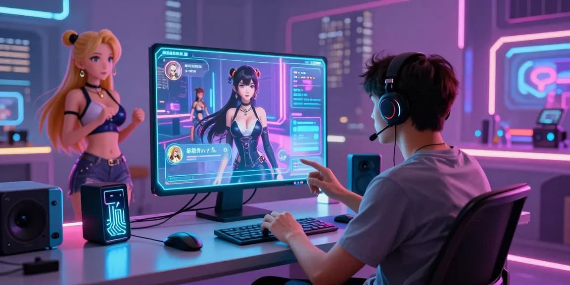 Engaging hentai ai chat scene with animated characters in a futuristic digital landscape.