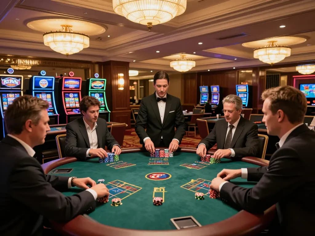 LC88 casino players engaged in intense blackjack game at luxurious tables with vibrant decor