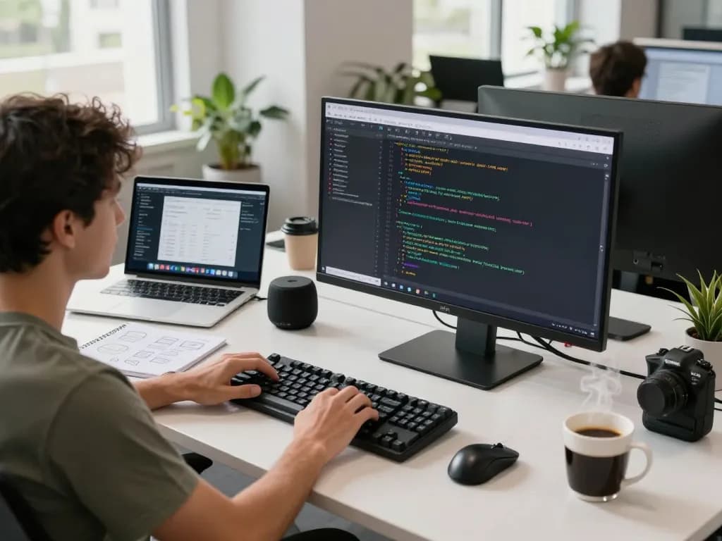 Software developer at Techsslaash com workspace, focused on coding with modern tech setup.