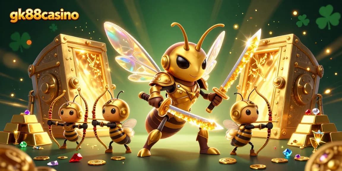 Engage with gk88casino's thrilling 3D gaming scene featuring dynamic characters and vibrant treasures.