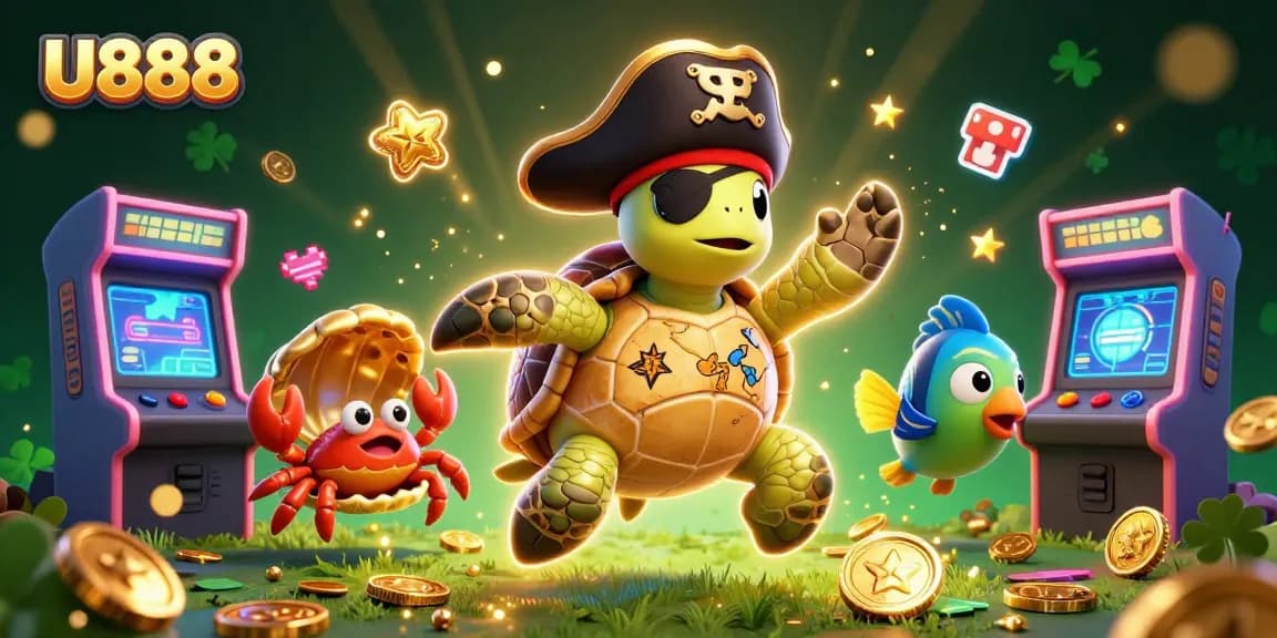 Engage with U888's colorful gaming adventures featuring a pirate turtle and treasure elements.
