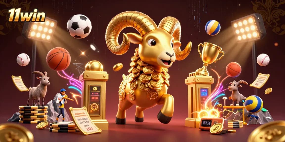11win showcases an energetic scene with a golden ram charging through a casino-filled sports world.
