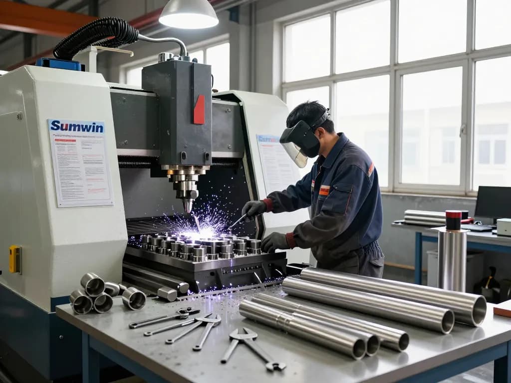 Machinist operating a CNC machine with Sumwin stainless steel pipes visible in a workshop