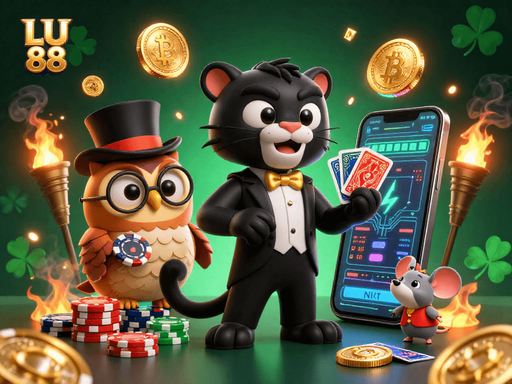 Experience the excitement of LU 88 with a panther dealer, an owl, and a mouse in this vibrant casino scene.