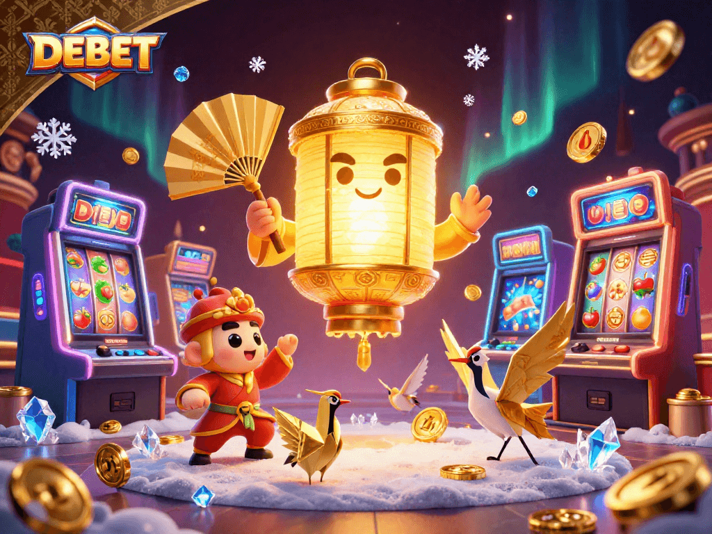 Engage in thrilling slots at DEBET with a vibrant casino scene featuring lucky symbols and colorful machines.