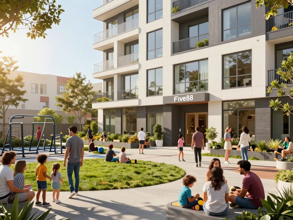 Five88 community members enjoying outdoor activities in front of the affordable housing development.