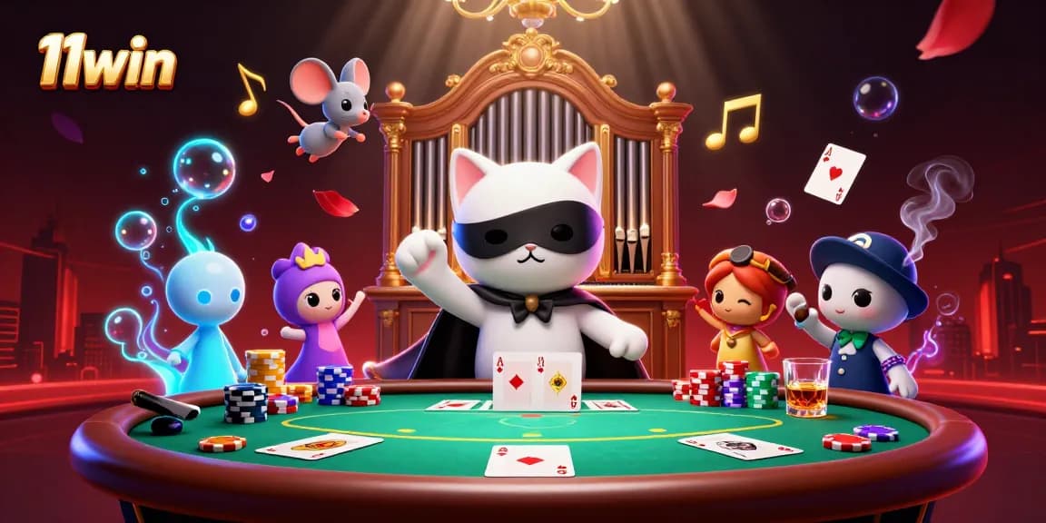 Engage with 11win’s thrilling gaming atmosphere featuring vibrant casino action and characters.