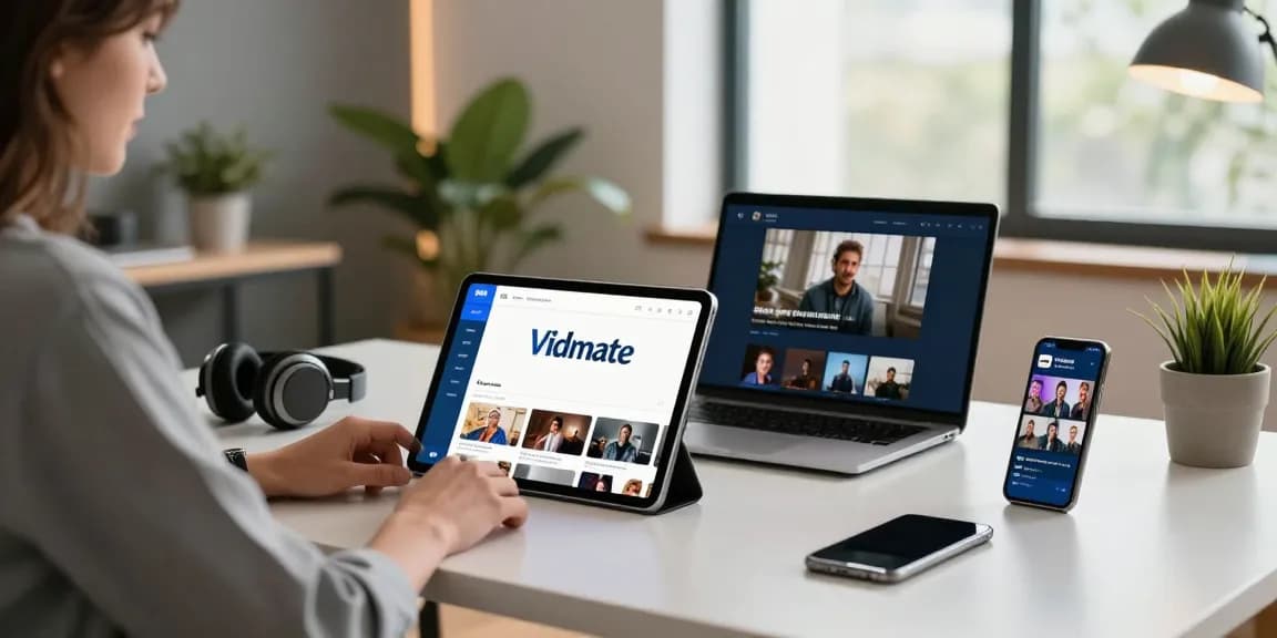 Engaged user exploring the Vidmate app for seamless video downloads in a modern workspace.