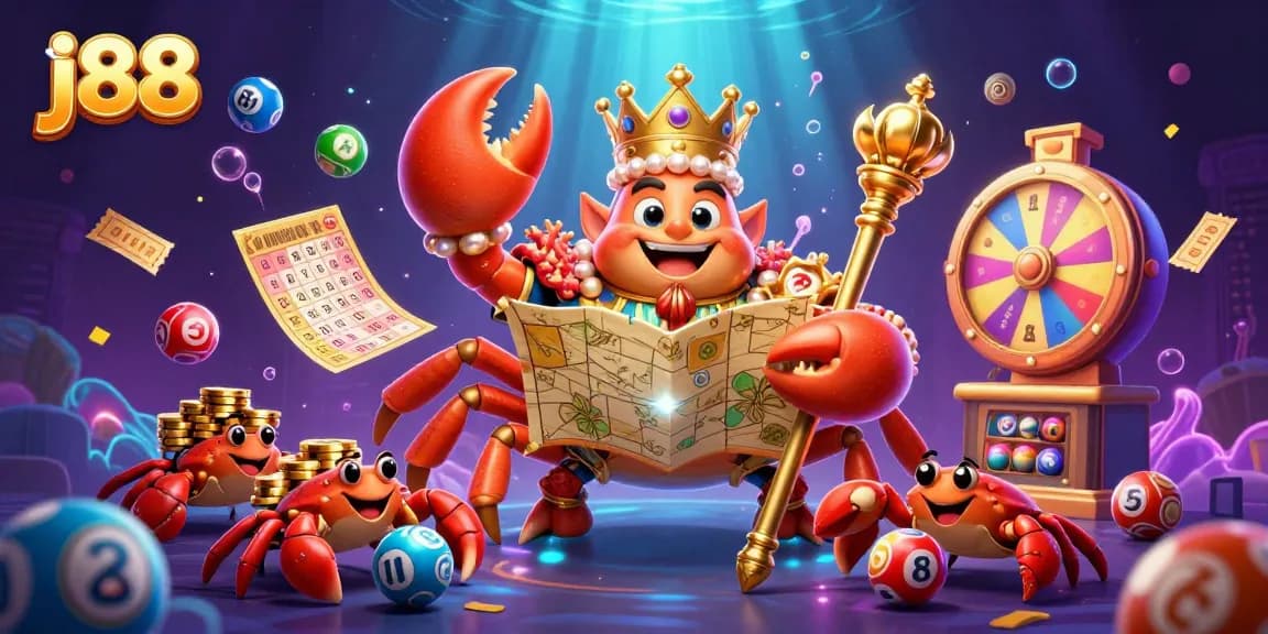 Experience the excitement of j88 with a colorful and vibrant lottery scene featuring a golden crab emperor and dynamic game elements.
