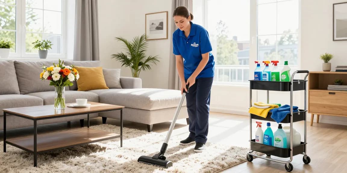 Skenda Reinigungen professional cleaner performing reinigungen in a bright, organized living room with eco-friendly tools.