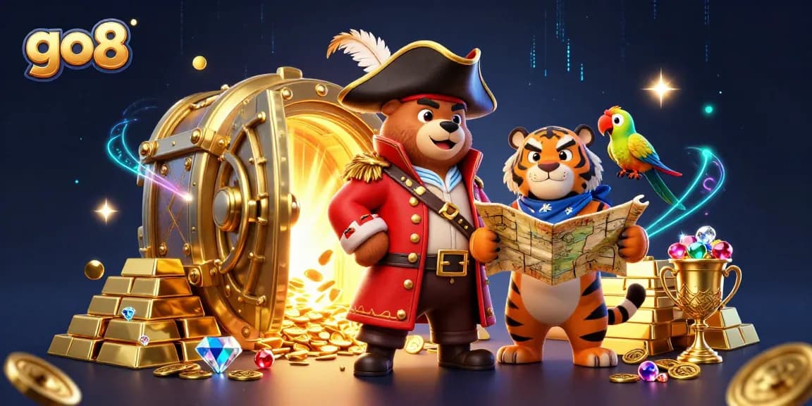 Experience the thrilling adventure of go8 with a pirate bear, tiger mate, and treasure in a vibrant casino scene.