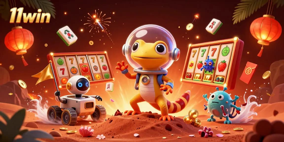 Experience the excitement of 11win with alien characters celebrating a golden casino on Mars.