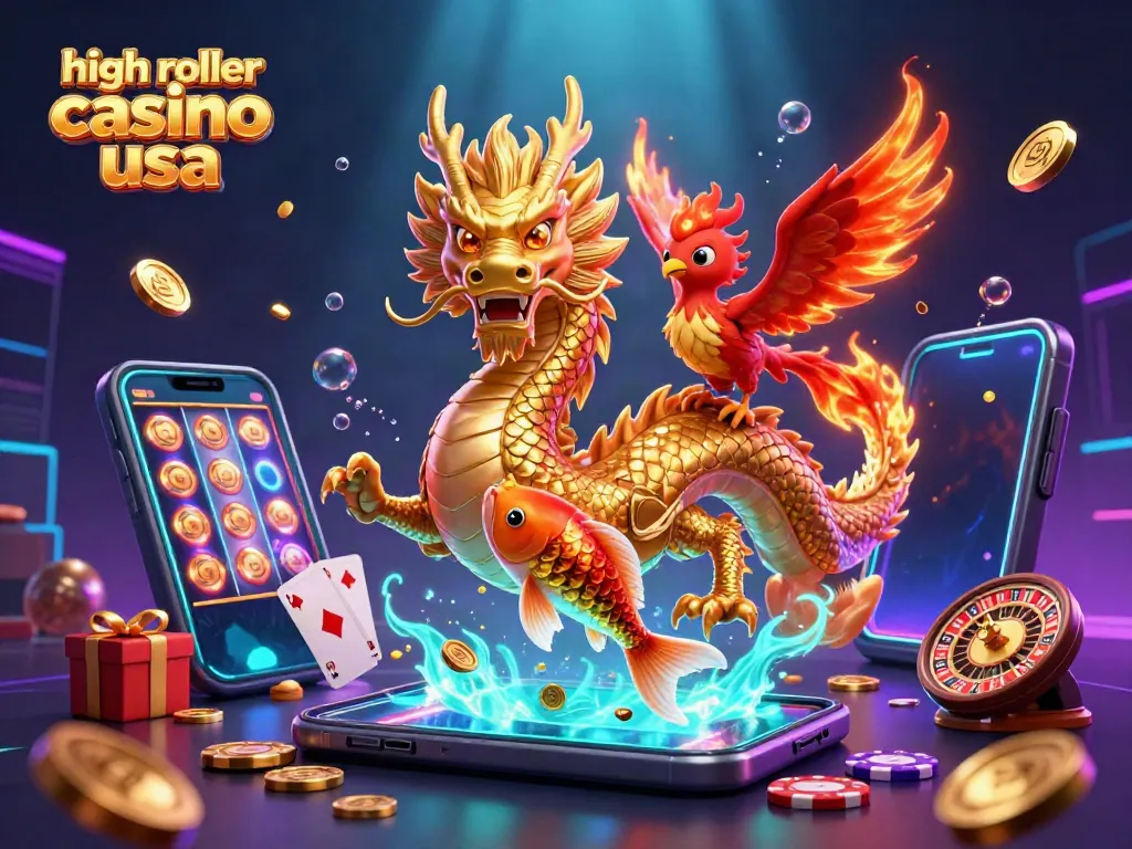 Experience high roller casino usa with a dynamic 3D scene featuring a golden dragon and lucky koi fish.