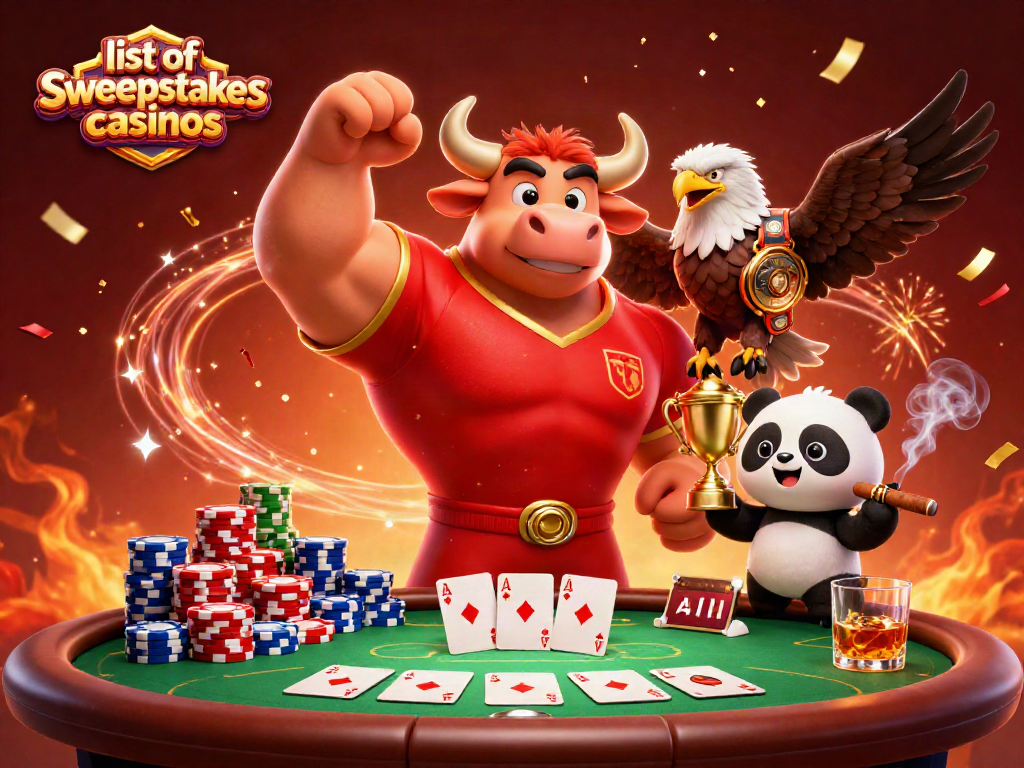 Engage with the excitement of the list of sweepstakes casinos through an uplifting 3D illustration showcasing vibrant characters and game elements.