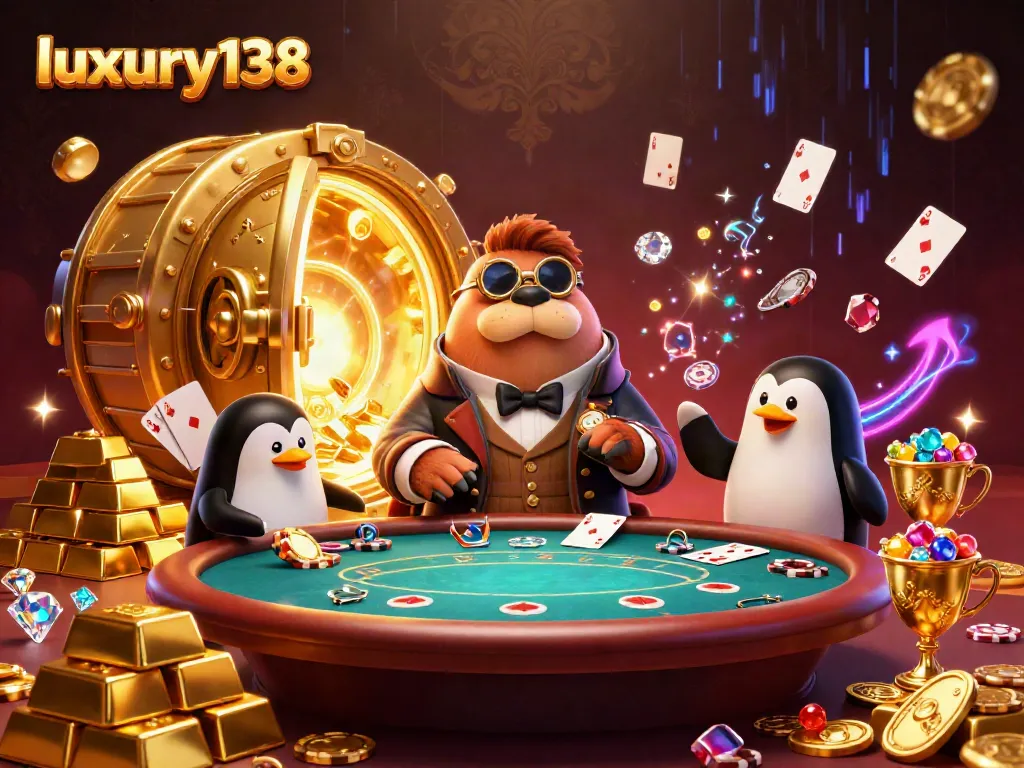Luxury138 poker players interact in a colorful, vibrant underwater casino scene featuring a walrus and a penguin dealer.