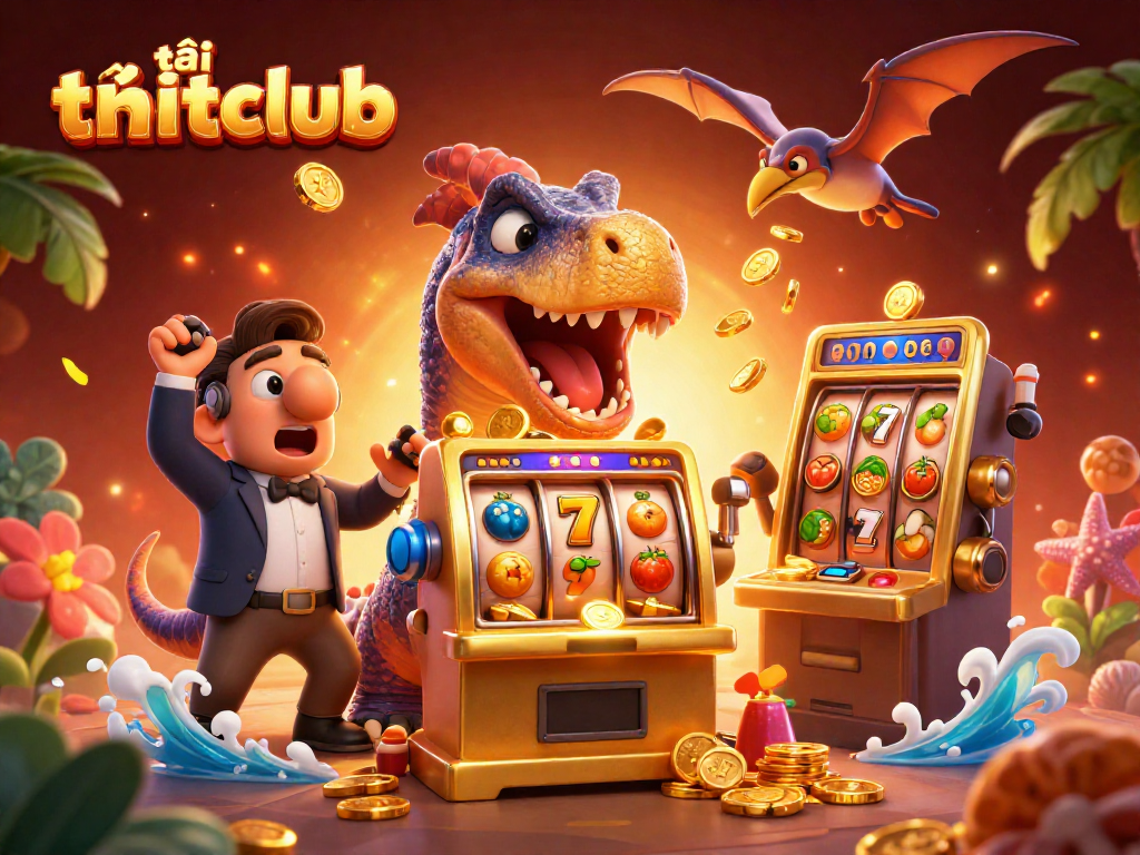 Tải hitclub features a playful dinosaur scene with a pachycephalosaurus winning at a slot machine while chaos unfolds in a lively casino.