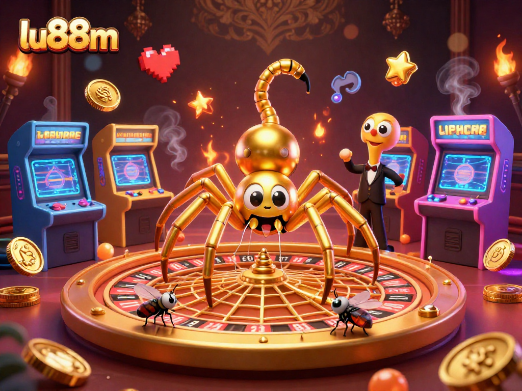 Engage with lu88m's vibrant casino atmosphere featuring a golden spider and lively game elements.