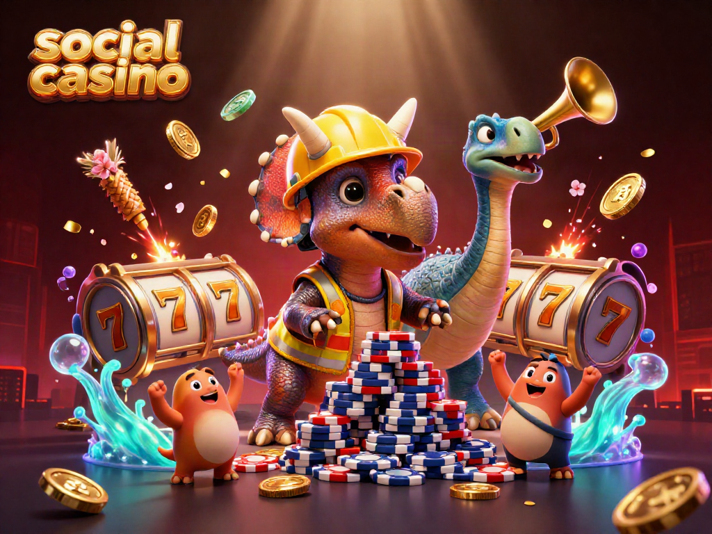 Engage with the vibrant world of social casino gaming featuring animated characters celebrating wins amidst rich casino elements.