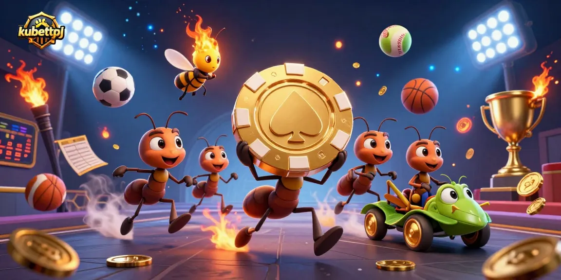 Experience thrilling action with kubettpj as animated ants carry a gigantic poker chip through a vibrant casino heist scene.