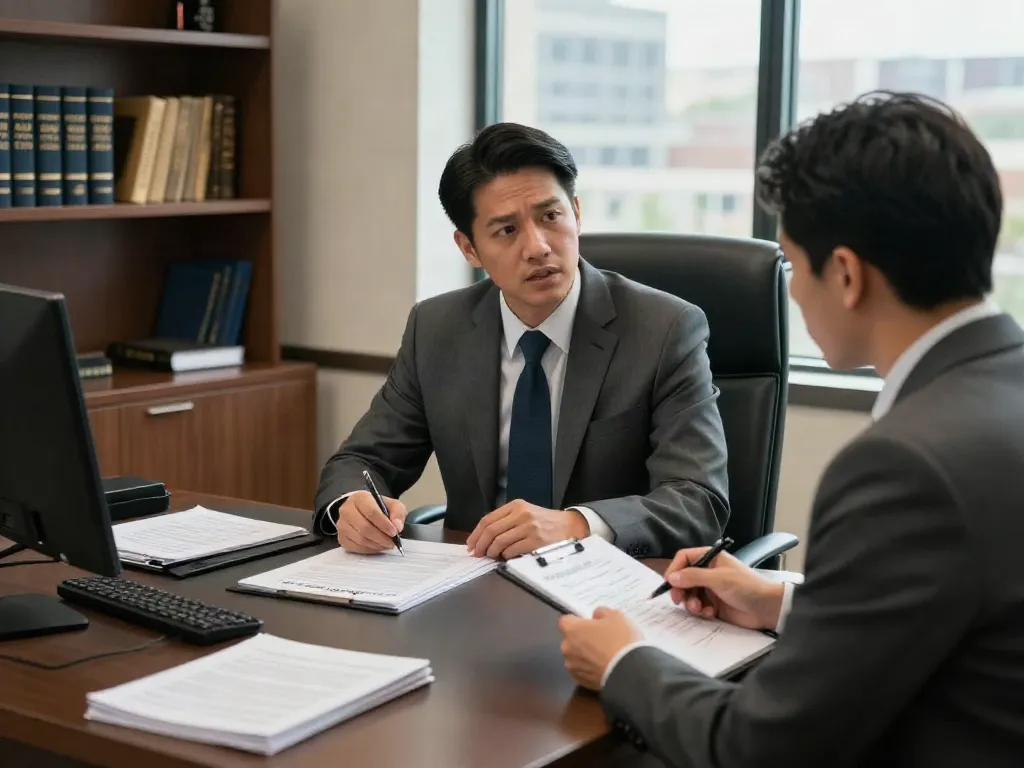 Forsyth County DUI attorney consulting with a client about case details in a modern law office.