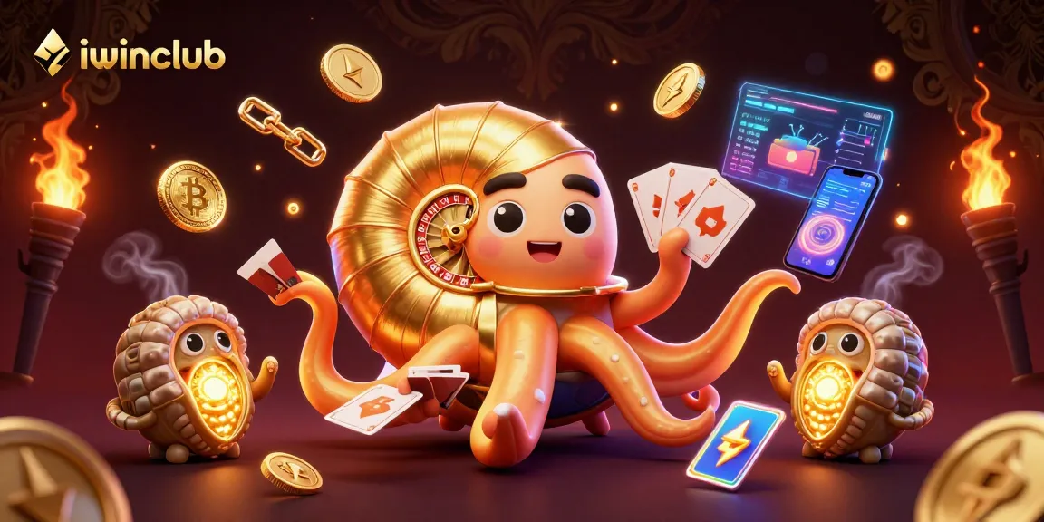 iwinclub showcases a vibrant illustration of a nautilus roulette wheel surrounded by crypto coins and game elements.