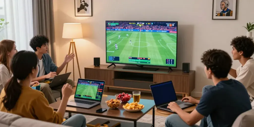 Exciting group gaming session at home, showcasing online sports betting on https://zbet.cymru/ with friends.