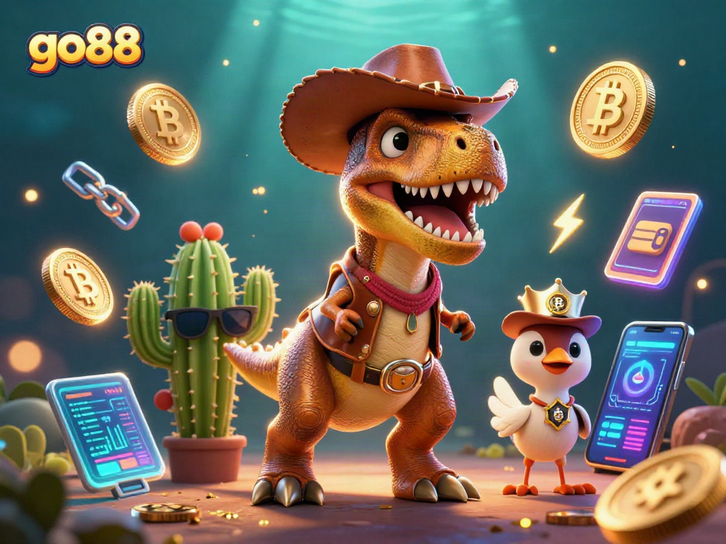 Engage with go88's thrilling gaming world through vibrant 3D casino illustration featuring T-Rex and friends.