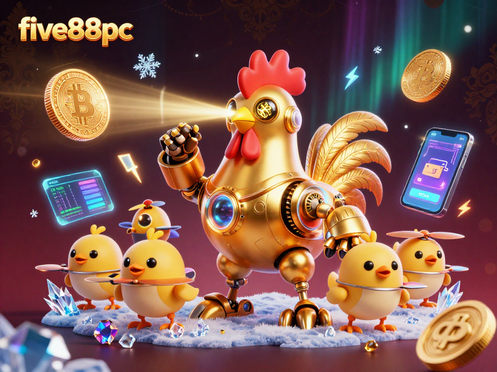 Firing laser beams from its eyes, the five88pc golden rooster robot leads baby chick drones in a vibrant casino-themed scene.